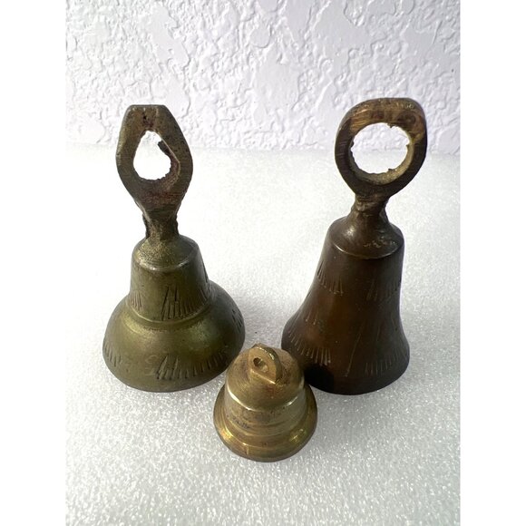 Small Brass Bells Set Of Three in typical India motifs Two with beautiful sounds - Picture 1 of 10